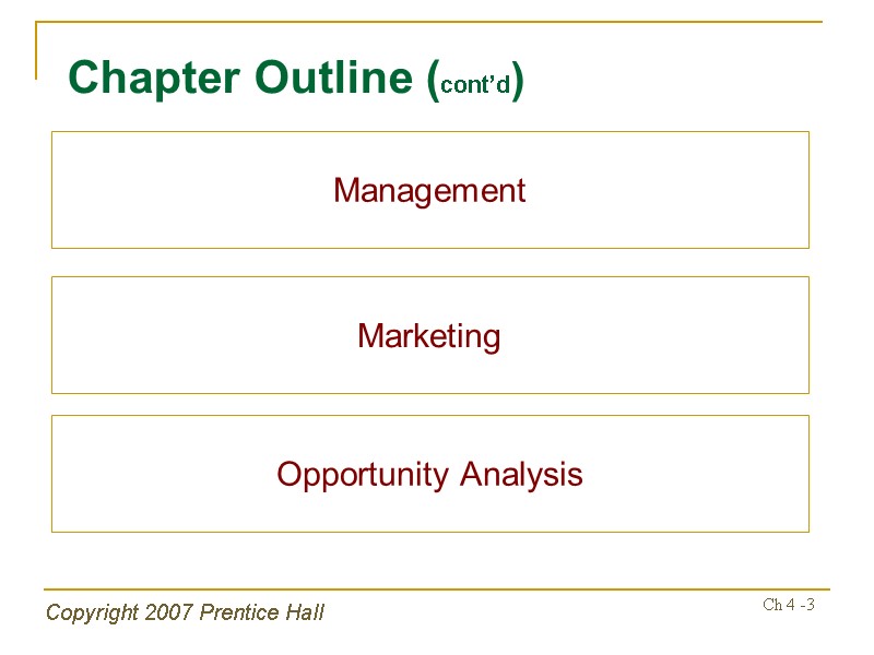 Copyright 2007 Prentice Hall Ch 4 -3 Chapter Outline (cont’d) Management Marketing Opportunity Analysis